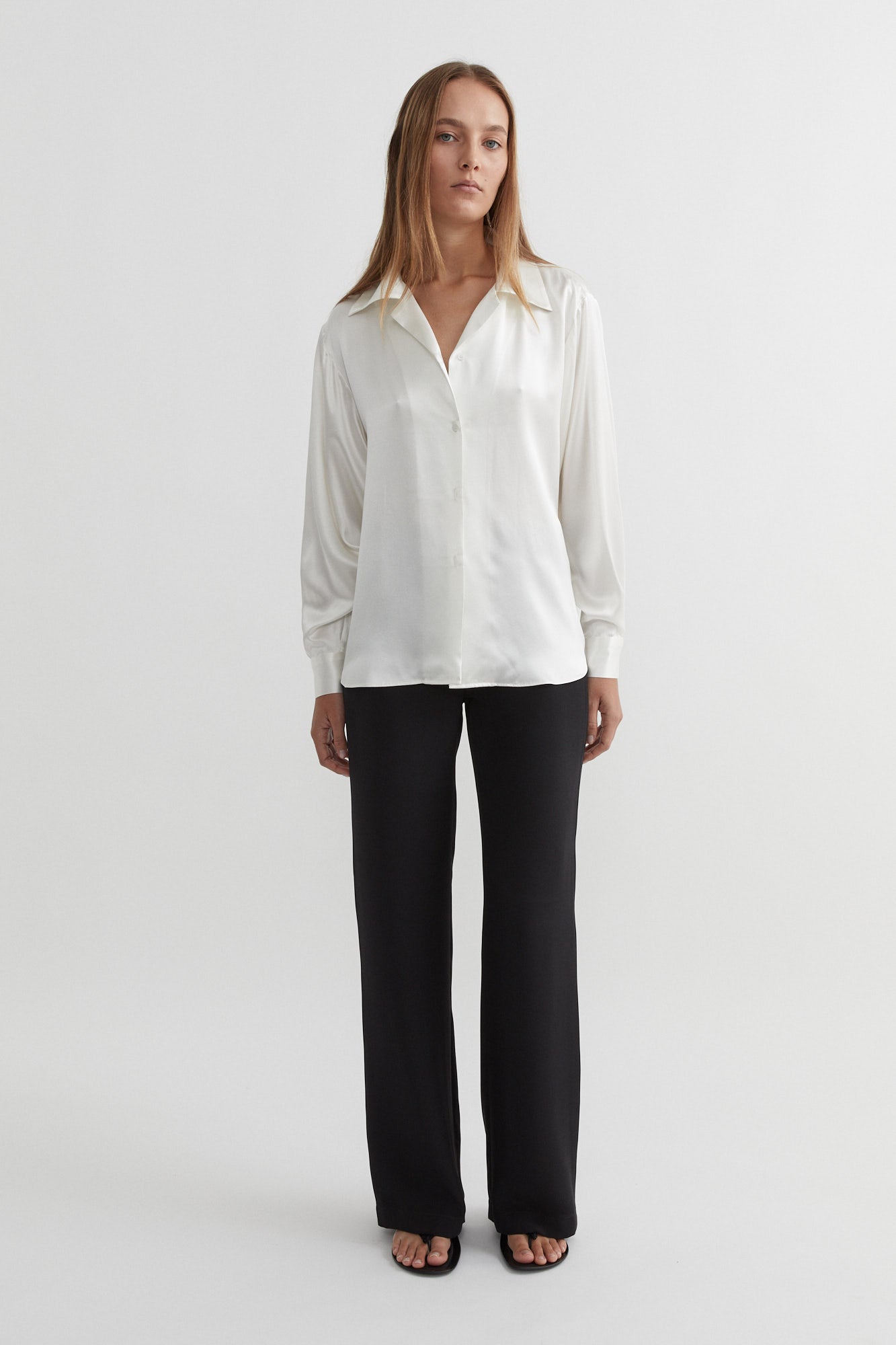 SAINT Lookbook Classic Silk Shirt in pearl / natural / white / cream silk satin, long sleeve button up. Made in Australia