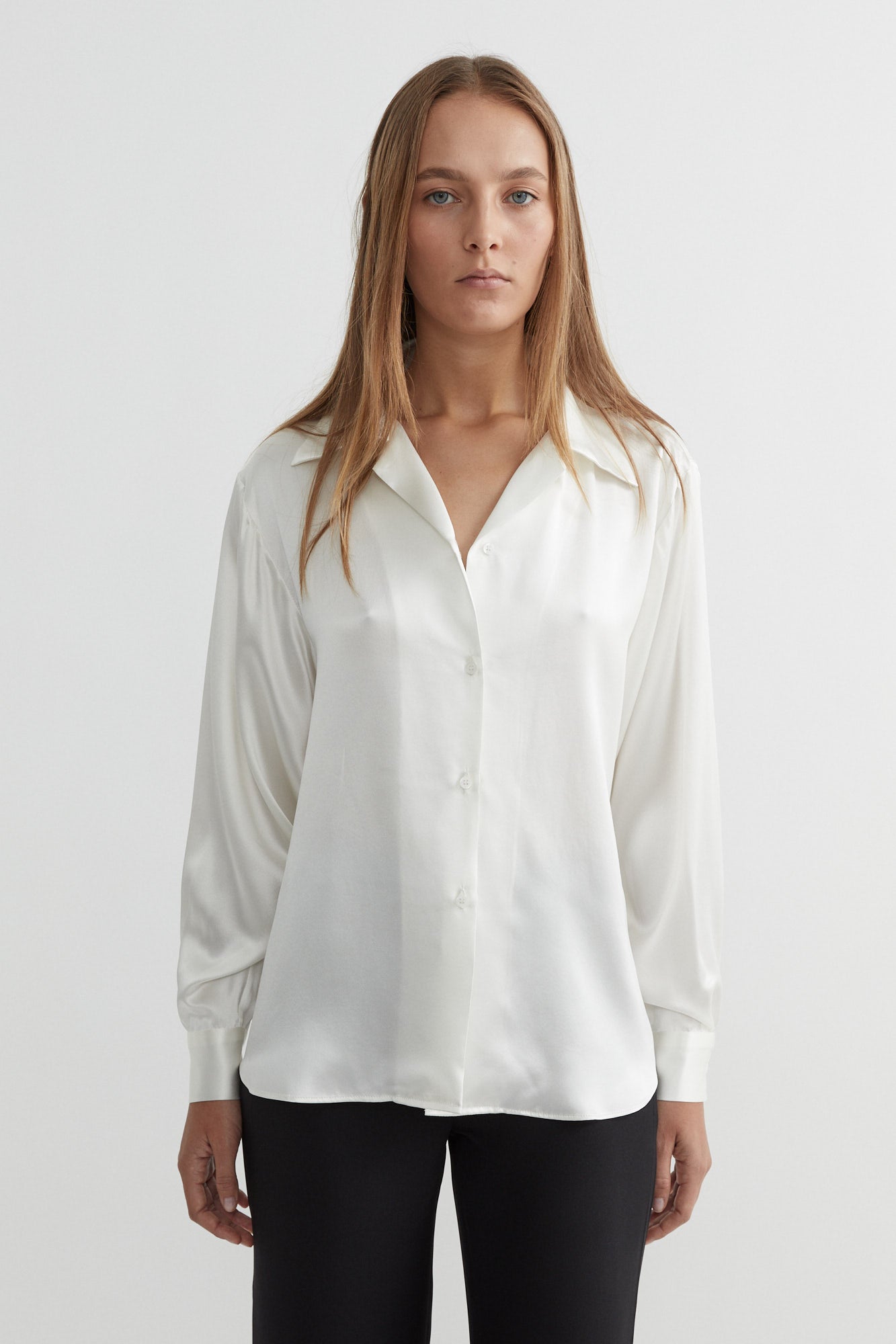 SAINT Lookbook Classic Silk Shirt in pearl / natural / white / cream silk satin, long sleeve button up. Made in Australia