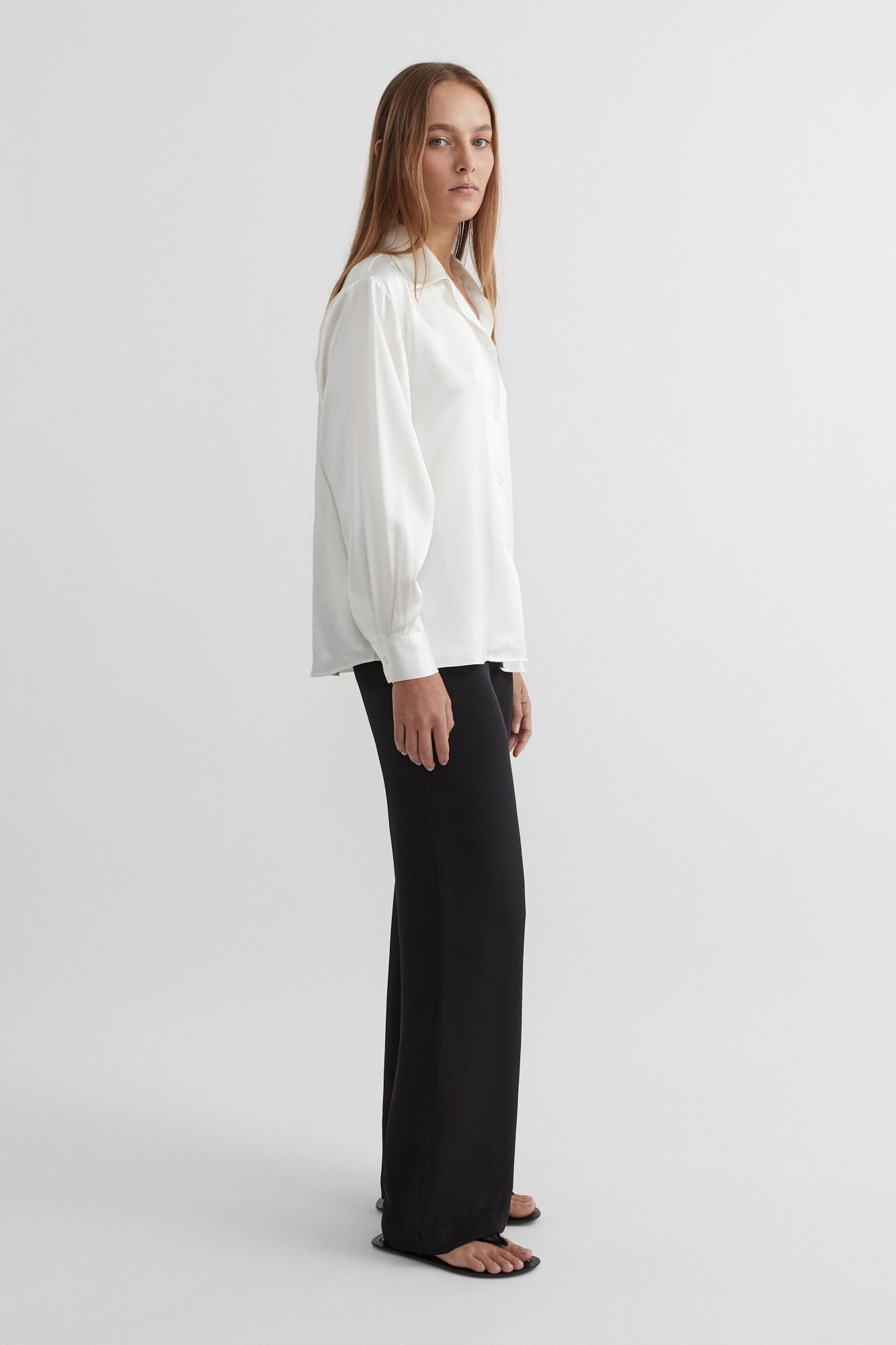 SAINT Lookbook Classic Silk Shirt in pearl / natural / white / cream silk satin, long sleeve button up. Made in Australia