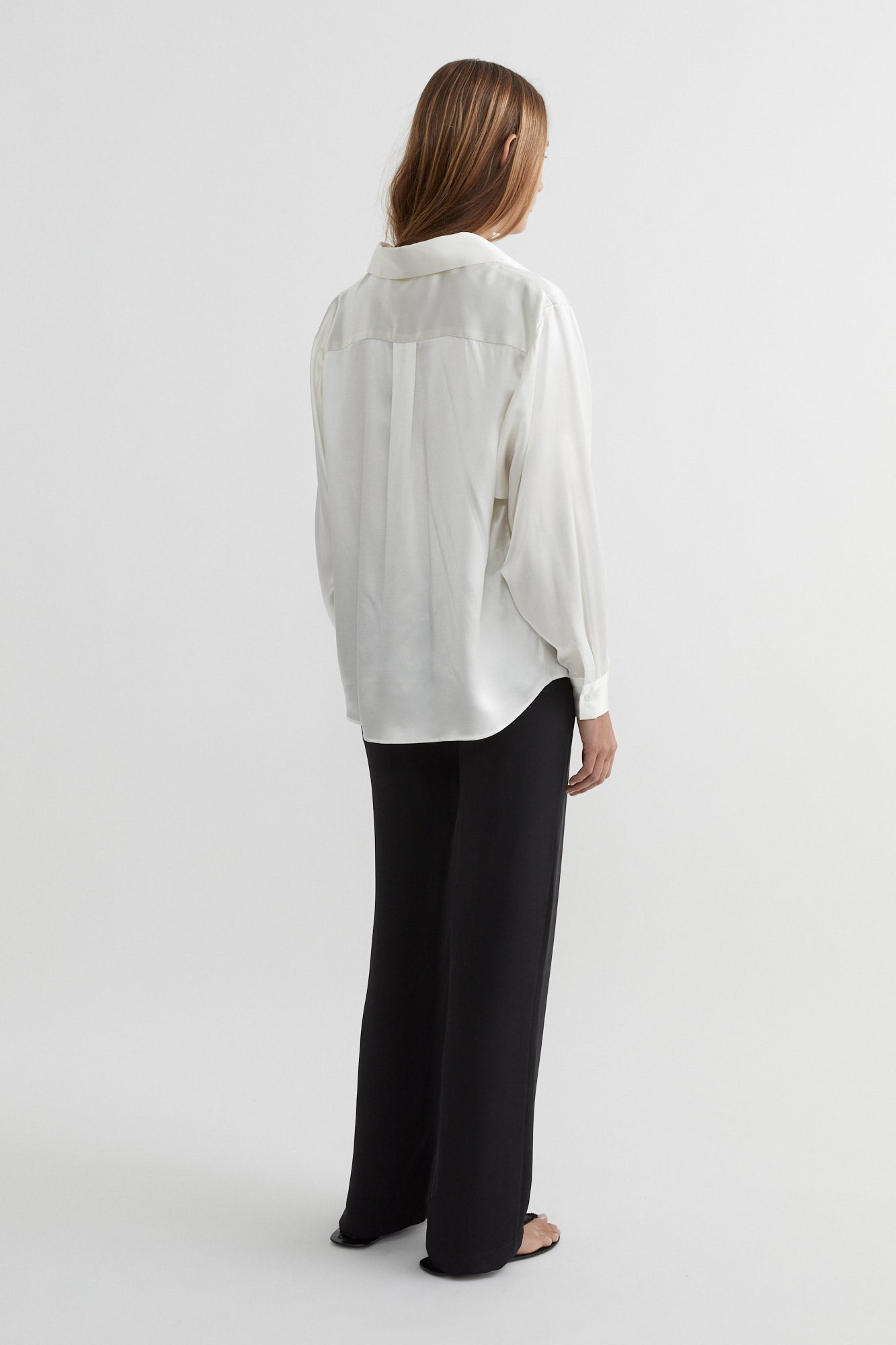 SAINT Lookbook Classic Silk Shirt in pearl / natural / white / cream silk satin, long sleeve button up. Made in Australia