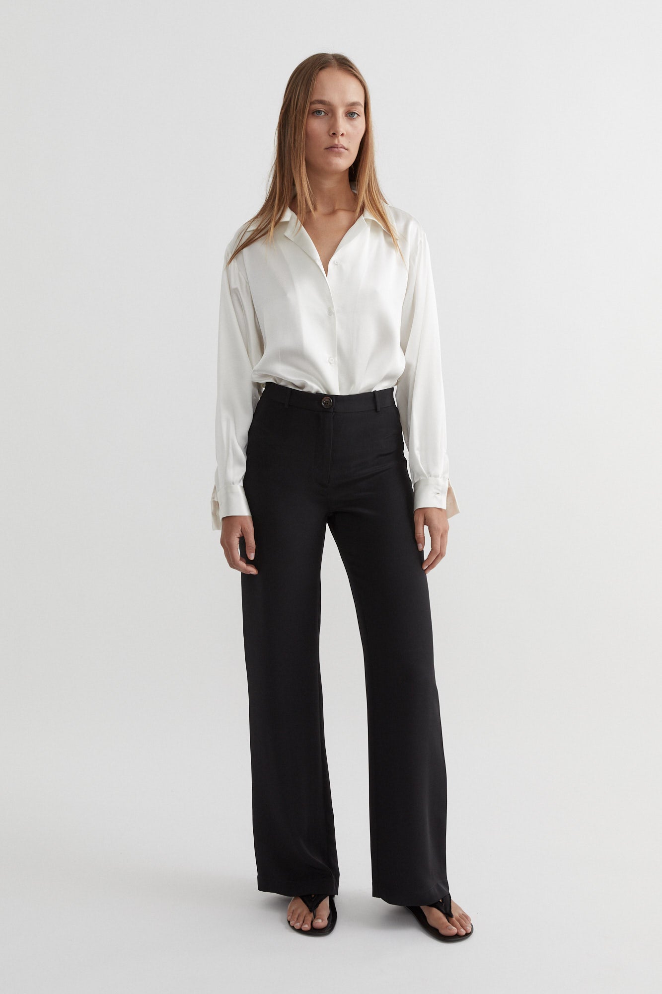 SAINT Lookbook Classic Silk Shirt in pearl / natural / white / cream silk satin, long sleeve button up. Made in Australia