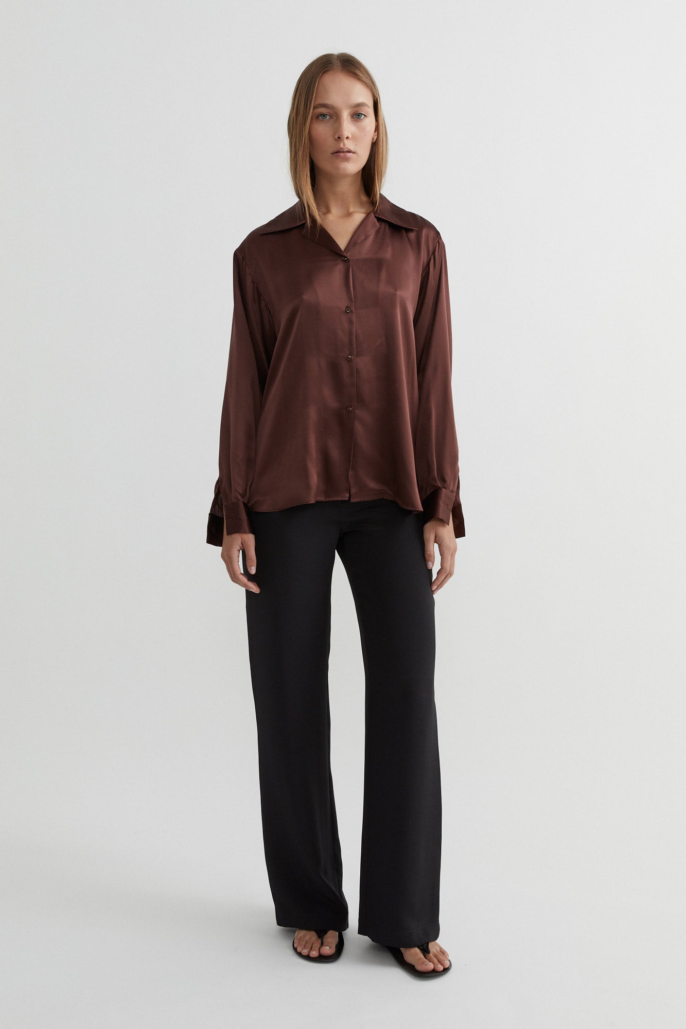 SAINT Lookbook Classic Silk Shirt chocolate brown, long sleeve button up. Made in Australia