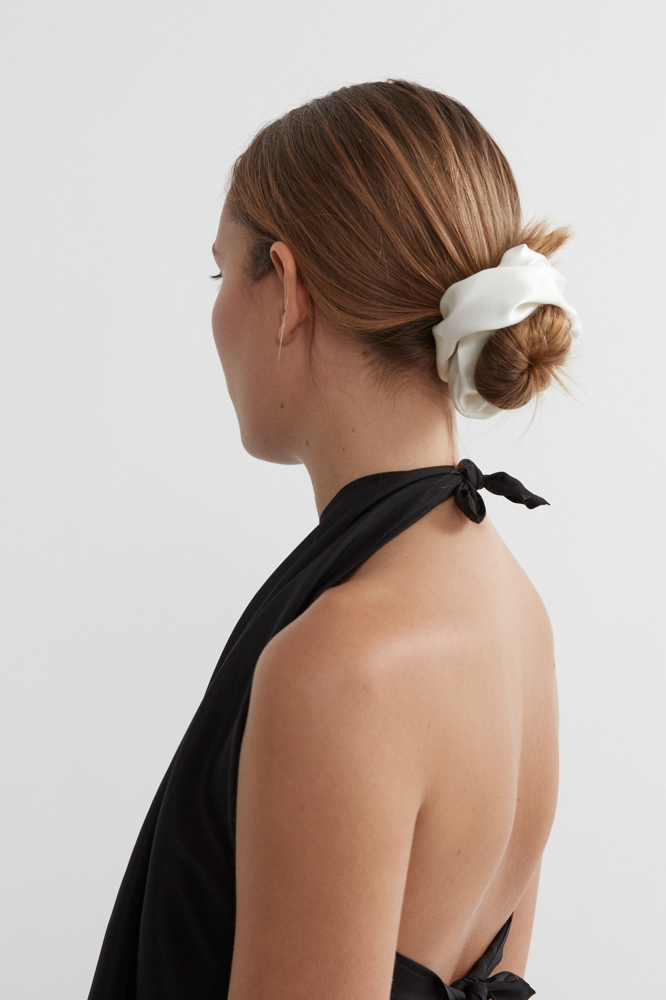 SAINT Lookbook Silk Hair Tie Silk Scrunchie pearl / cream / white satin, 100% silk. Made in Australia