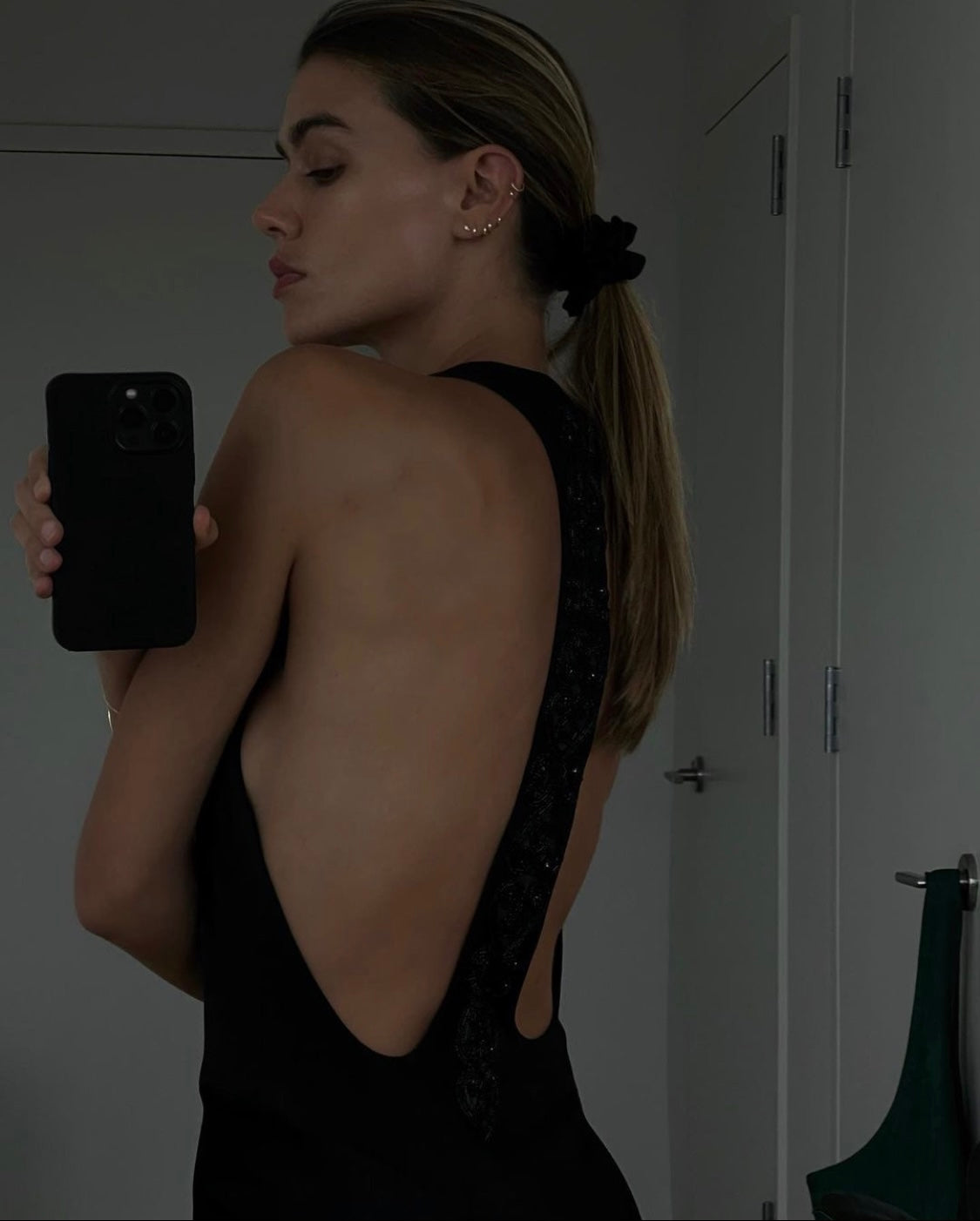 SAINT silk hair tie scrunchie in black pure silk. made in Australia. 100% silk satin. worn by Joanna Halpin