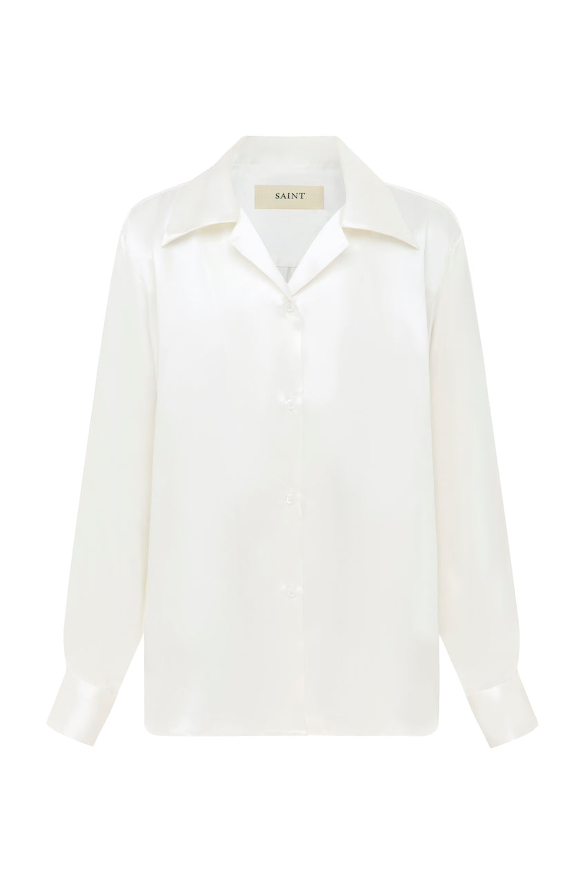 SAINT Lookbook Classic Silk Shirt in pearl / natural / white / cream silk satin, long sleeve button up. Made in Australia
