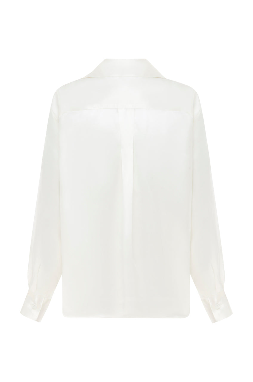 SAINT Lookbook Classic Silk Shirt in pearl / natural / white / cream silk satin, long sleeve button up. Made in Australia