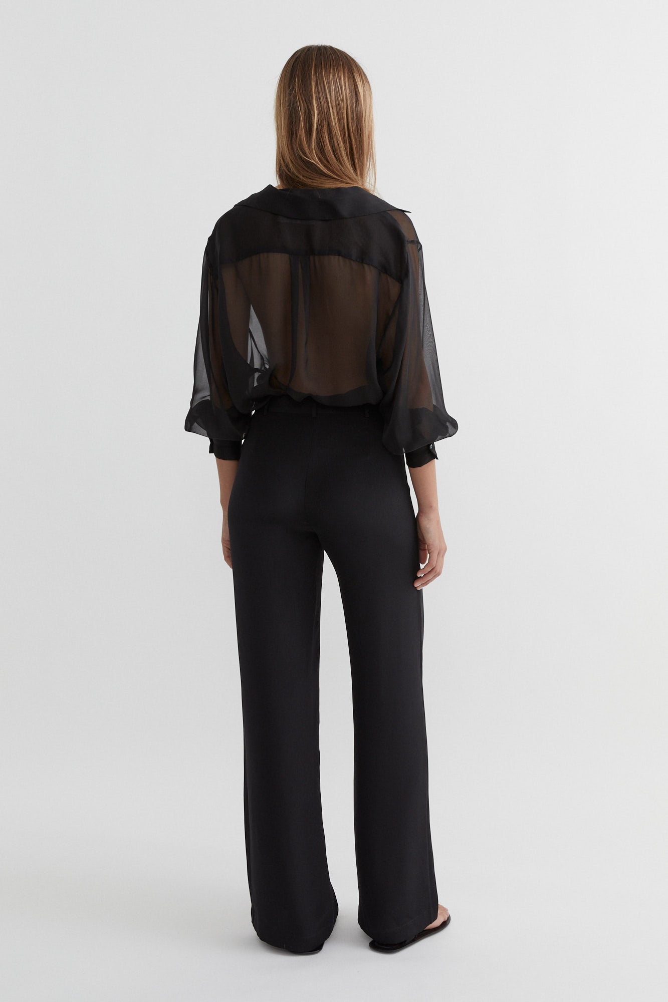 SAINT Lookbook Classic Silk Shirt in black sheer chiffon, long sleeve button up. Made in Australia