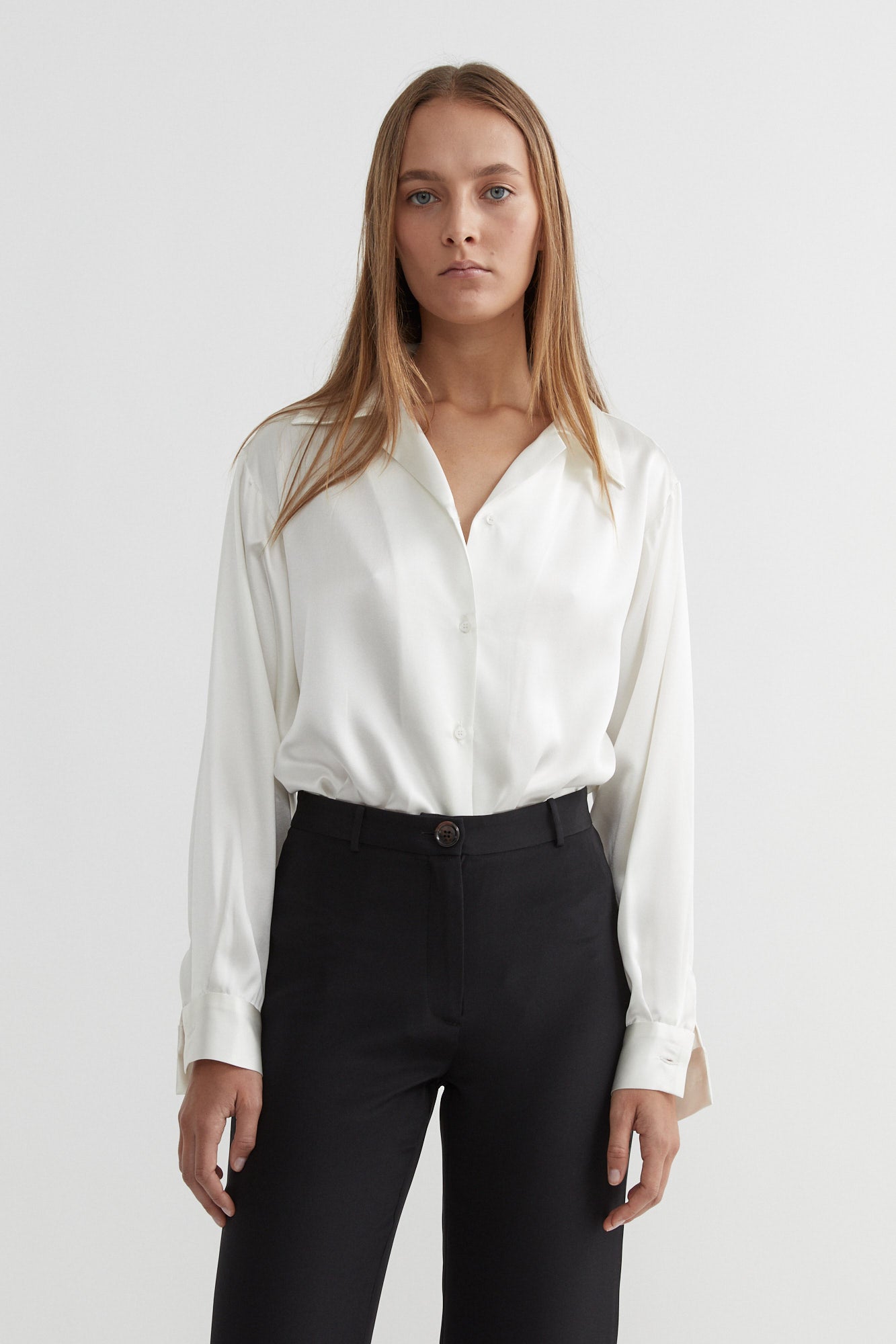 SAINT Lookbook Classic Silk Shirt in pearl / natural / white / cream silk satin, long sleeve button up. Made in Australia
