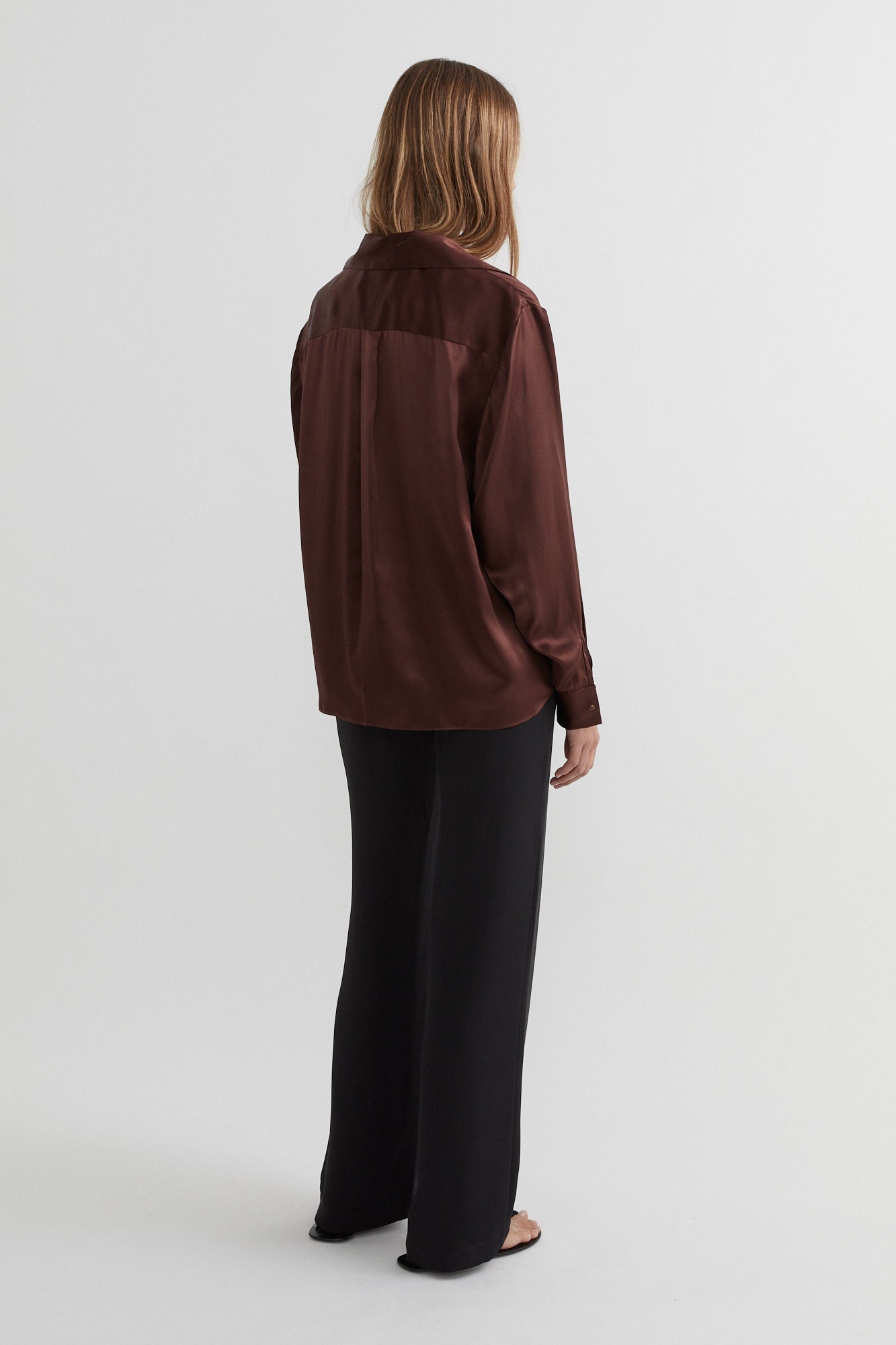 SAINT Lookbook Classic Silk Shirt chocolate brown, long sleeve button up. Made in Australia