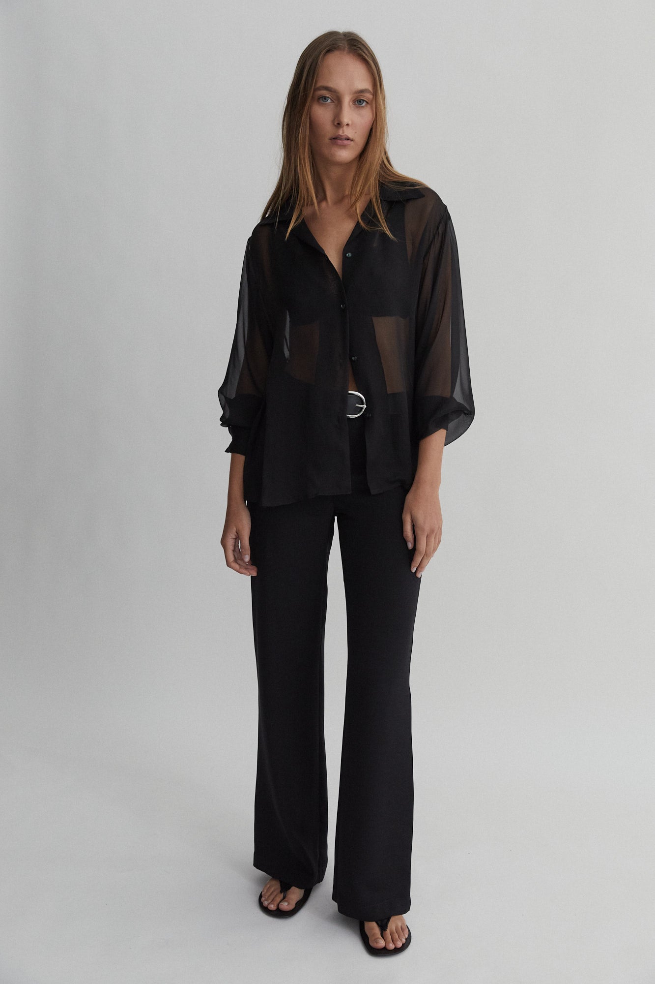 SAINT Lookbook Classic Silk Shirt in black sheer chiffon, long sleeve button up. Made in Australia