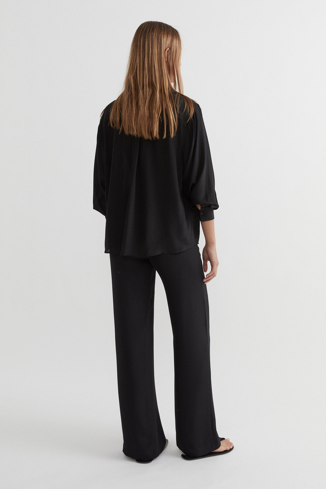 SAINT Lookbook Classic Silk Shirt in black silk crepe, long sleeve button up. Made in Australia