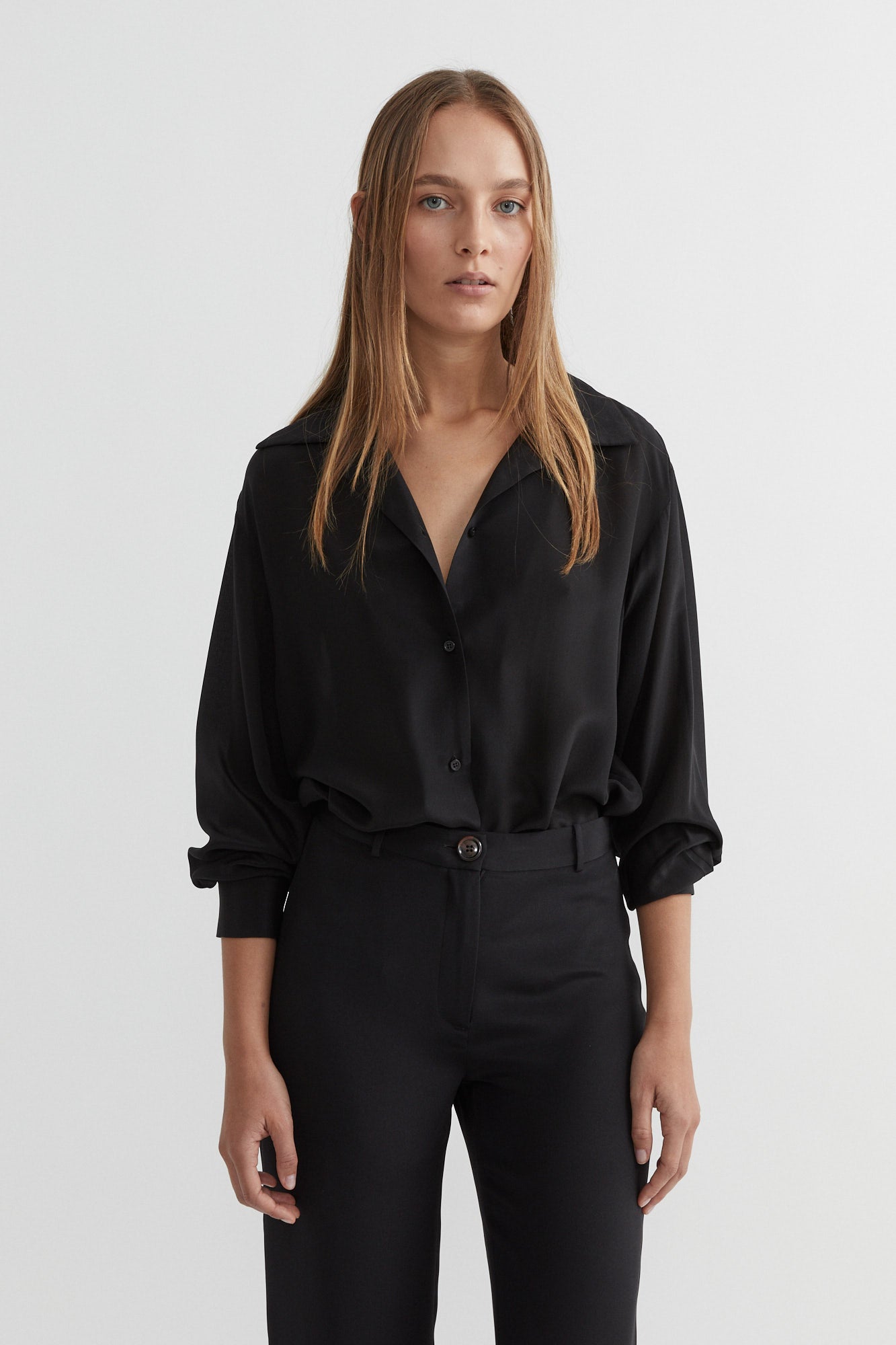 SAINT Lookbook Classic Silk Shirt in black silk crepe, long sleeve button up. Made in Australia