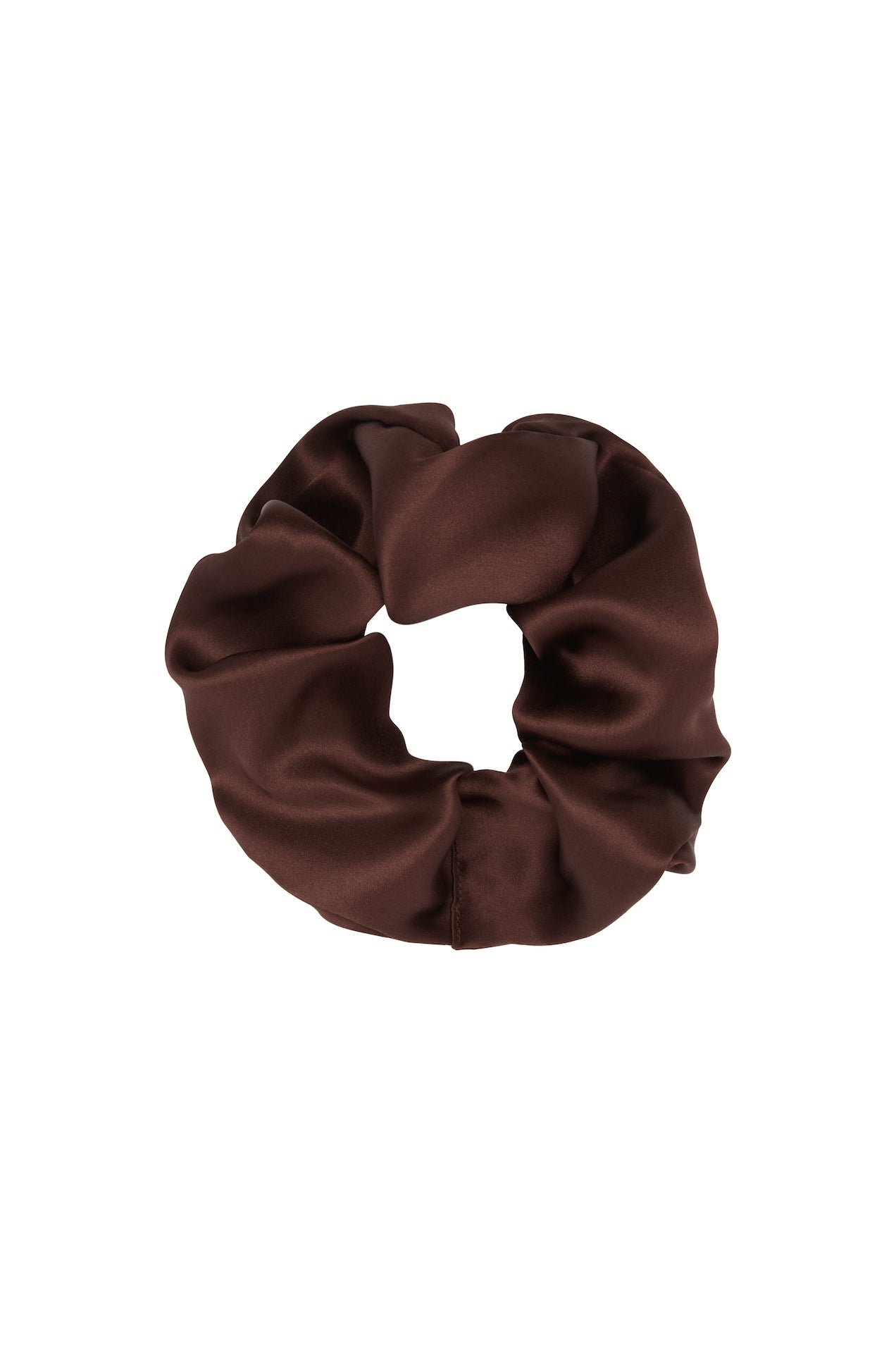 SAINT silk hair tie scrunchie in chocolate brown pure silk. made in Australia. 100% silk satin