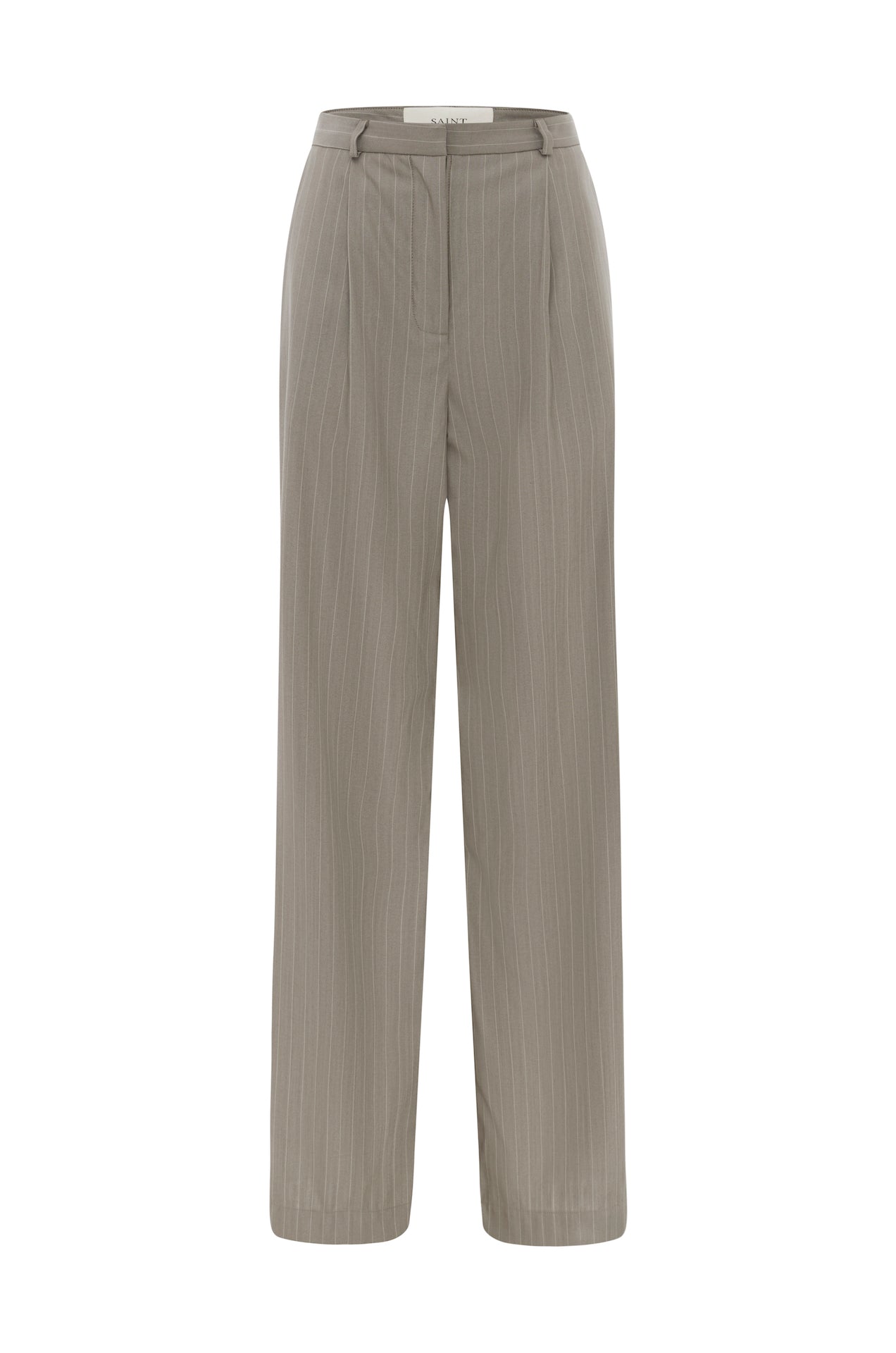 SAINT Tailored Pant in taupe pinstripe brown pure wool. made in Australia. 100% wool